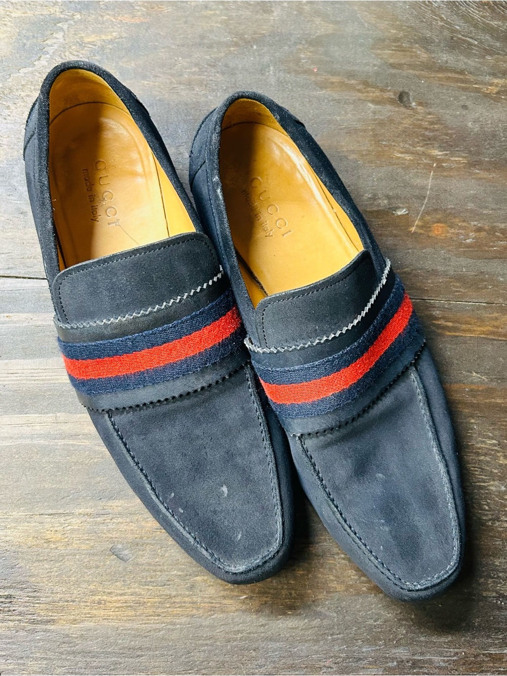 Gucci Navy Suede Loafers with Red & Navy Web Band